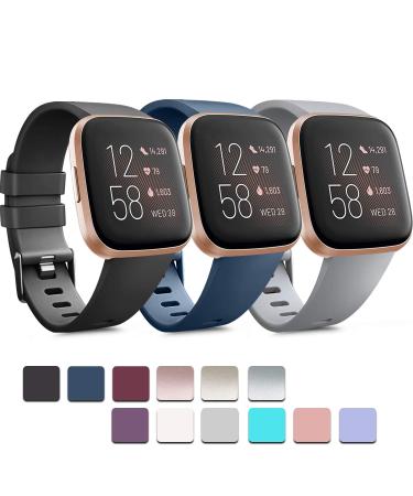 PACK 3 Soft Silicone Bands for Fitbit Versa 2 / Fitbit Versa / Fitbit Versa Lite Classic Adjustable Sport Bands for Women Men Small Large(Without Tracker) (Small, Black+Blue+Grey) Small Black+Blue+Grey
