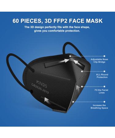 OPECTICID KN95 Black Face Mask 60PCS - Individually Wrapped, 5-Layer Filter, 95% Efficiency - Certified Disposable Masks - Buy Online on GoSupps.com