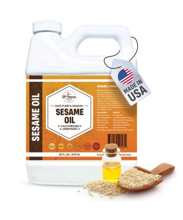 ORGANIC SESAME OIL (16 oz) Premium Cold Pressed Unrefined | 100% Pure Sesame Oil for Skin Face Hair Soap Making | Carrier for Essential Oils | Available in Bulk | 16 FL OZ