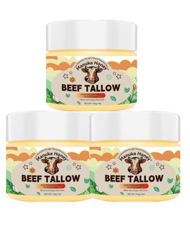 Organic Grass-Fed Beef Tallow Balm (4oz/3pack) - Whipped with Manuka Honey Ultra-Moisturizing for Face & Body Natural Skincare for Dry & Sensitive Skin 4 Fl Oz (Pack of 3)