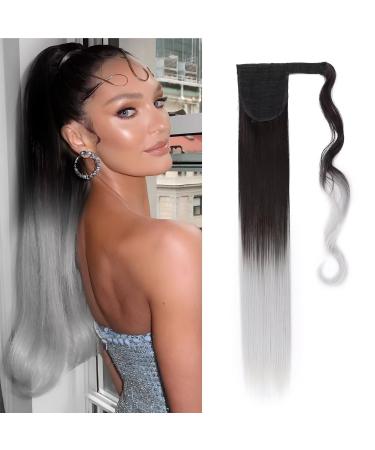 Clip in ponytail extensions synthetic hair part like real hair ponytail hair extension smooth wrap around braid extensions 23 "(58cm) dark brown & silver gray 90g raide - 23" dark brown to silver gray