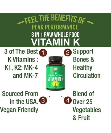 Peak Performance Raw Whole Food Vitamin K Capsules - Vegan Supplement with USA Sourced Vitamins K1, K-2 MK4, K2 Natto MK7 - 25 Vegetables + Fruits for Max Absorption - Buy Online on GoSupps.com
