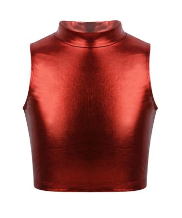 Mufeng Kids Girls Shiny Metallic Gymnastics Crop Tops Dancewear Child Ballet Dance Leotards Tank Tops Activewear Red 12
