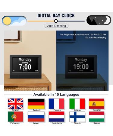 Senxingyan 7 HD Digital Calendar Alarm Clock - Dimmable Alarm for Seniors & Alzheimer Patients - Multiple Clock Modes in Black - Buy Online on GoSupps.com