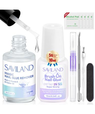SAVILAND Nail Glue Remover Nail Glue DUO: Cuticle Oil Pen Nail Glue Remover for Press On Nails Nail Glue 5s Dry Super Strong Castor Oil VE Fast & Gentle Nail Glue Remover for Acrylics Gel X Nails