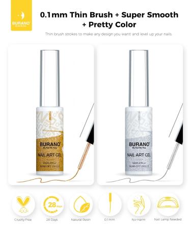 BURANO Gel Nail Polish Liner - Silver & Gold Nail Art - 8ml with Thin Brush - Glitter Curing Required - Buy Online on GoSupps.com