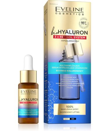 EVELINE COSMETICS Biohyaluron 3x Retinol System Multi Hydrating Face Serum Anti Aging Reduces Wrinkles Vegan Formula 99% Natural Composition for Night 18ml - Buy Online on GoSupps.com