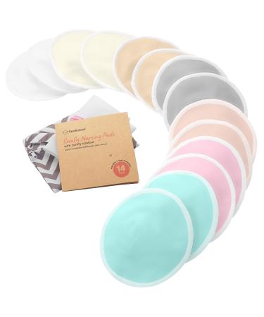 Organic Bamboo Nursing Breast Pads - 14 Washable Pads + Wash Bag - Breastfeeding Nipple Pads for Maternity - Reusable Breast Pads for Breastfeeding (Pastel Touch, Large 4.8") Pastel Touch Large 4.8"