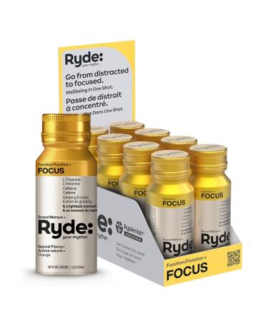 Ryde Focus Shot | Orange Flavor | 8 pack of 60 ml shots | Ginseng & L-Theanine | Caffeine | Zero Calories Zero Sugar and Vegan Focus Shot (Orange Flavor)