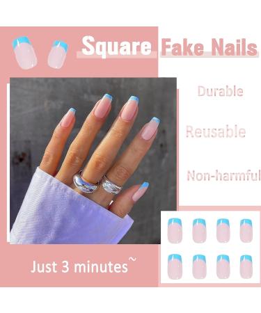 IMSOHOT Short French Tips Square Press On Nails - Blue Glossy Squoval False Nails - 24Pcs - Buy Online on GoSupps.com