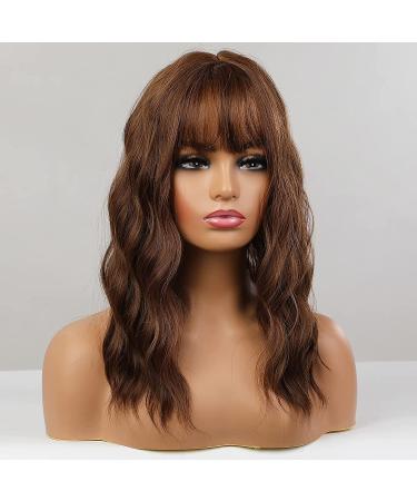 HAIRCUBE Short Brown Curly Wavy Bob Wig with Bangs - Heat Resistant Synthetic Honey Brown Wig for Women - Buy Online on GoSupps.com