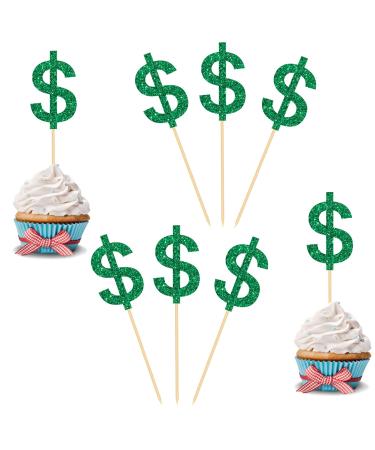 Ambishi 24pcs Dollar Sign Cupcake Toppers American Dollar for Casino Wedding Birthday Festival Party Decoration Light Up Your Casino Party Decor Cake Picks Green Glitter