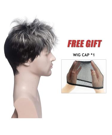 Men's Short Gray Synthetic Wig for Cosplay - Natural Straight Grey/Black Mix - Silver Short Hair - Buy Online on GoSupps.com