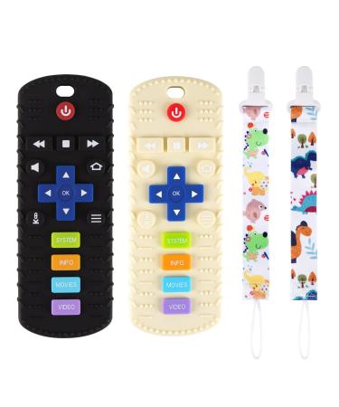 Baby Teething Toys 6 to 12 Months Silicone Remote Control Phone Shape Teether Chew Toys for 1 Year Old Toddlers Boys Girls 12-18 Months Sensory Toys for Babies Infant Toys Gifts 2 Pack Remote Black Beige