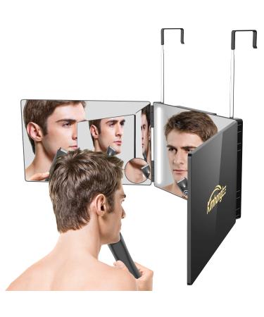 3 Way Mirror with LED for Self Hair Cutting  360 Trifold Barber Mirrors Height Adjustable 3 Sided Makeup Mirror to See Back of Head  Used for Hair Coloring  Braiding are Good Gifts for Men Women  Black-with Led