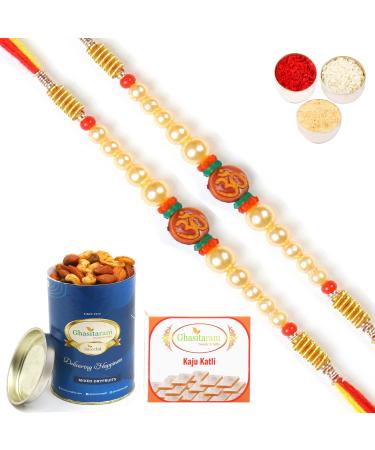 Ghasitaram Gifts Rakhis Online for Brother- Set of 2-6135 Rakhi Thread with 100 GMS of Dryfruits Mix Can 200 GMS of Kaju katli 2 Rakhi & 100g Dryfruits Mix Can 200g Kaju katli