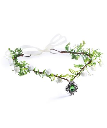 MOSTORY Handmade Woodland Flower Crown Headband for Wedding Fairy Headpiece with Crystal Renaissance Elf Cosplay Costume Accessory for Women Girls Maternity Mardi Gras Themed Party white and green