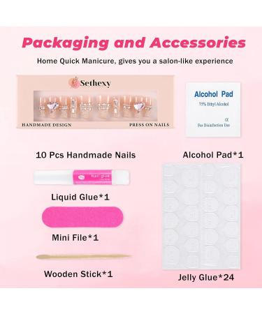 Sethexy Handmade Long Coffin False Nails - Luxury Rhinestones & Glitter 3D Crystal Love Heart Press-On Acrylic Nails for Women & Girls - Buy Online on GoSupps.com