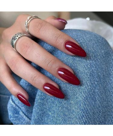 Wine Red Press on Nails Almond Shaped Nails Xcreando Medium Fake Nails Short Almond Acrylic Nails Glue on Nails Medium Length False Nails for Women and Girl Daily Working24pcs