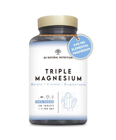 Triple Magnesium Glycinate 3-in-1 (6 Months) 2640 mg Magnesium Synergistic Complex with Malate Citrate Bisglycinate for Sleep Energy Muscles and Bones. 180 Tablets. N2 Natural Nutrition Triple Magnesiun 180 Capsules