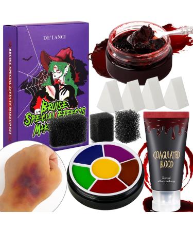 Wound Bruise SFX Halloween Makeup Kit Oil Based Face Paint 6 Color + Faked Blood Gel Edible(50ml)+ Dark Coagulated Scar Fake Blood Washable(30g)+ 7 Pcs Sponges Stage Cosplay Scar Scab Makeup