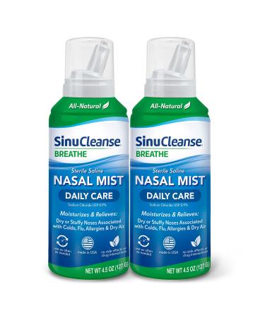 SinuCleanse Daily Care Sterile Saline Nasal Mist, Instantly Moisturizes and Relieves Everyday Nasal Congestion & Sinus Symptoms Associated with Colds, Allergies and Dry Air, 4.5 oz Bottle (Pack of 2) Daily Care Nasal Mist 4.5 Ounce (Pack of 2)