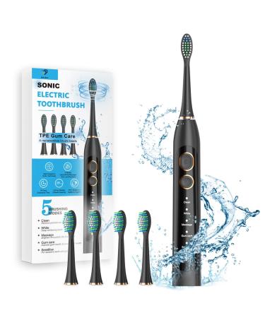 Electric Toothbrush for Adults - High Power Rechargeable Toothbrush   Sonic Toothbrush 5 Modes 4 Brush Heads  1 Charge for 60 Days  42000 VPM Motor  Black