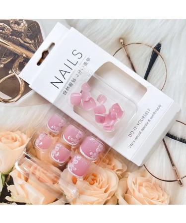 24Pcs Pink Press On Toenails with Cute Flower Design - Glossy Acrylic False Toe Nails for Women and Girls - Buy Online on GoSupps.com