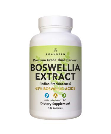 Amandean Boswellia Serrata Extract. 500mg 120 Veggie Capsules. 65% Boswellic Acids with AKBA. Natural Ayurvedic Supplement (Indian Frankincense) for Inflammation and Joint Pain.* Premium 3rd Harvest.