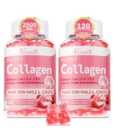 2 Pack Sugar Free Collagen Gummies for Women & Men | Hydrolyzed Collagen Peptides for Hair Skin & Nails | MultiCollagen Protein Type I II III V X with Biotin & Vitamin C | Strawberry Flavor, 120 Count 60 Count (Pack of 2)