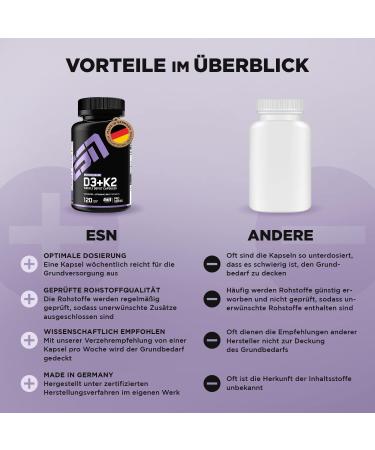 Buy ESN Vitamin D3 + K2 Capsules - Immune Support Bone Health & Blood Production - Vegan & Quality Tested - Made in Germany (120 Capsules) - Buy Online on GoSupps.com