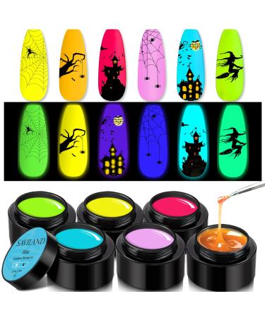 SAVILAND 2 in 1 Glows In The Dark Gel Paint Set - Luminous Gel Nail Polish Set  6 Colors Neon Painting Gel Soak Off U V/LED Gel Nail Manicure Kit for DIY Drawing Nails Art Design C2-Glows In The Dark Gel Paint Set
