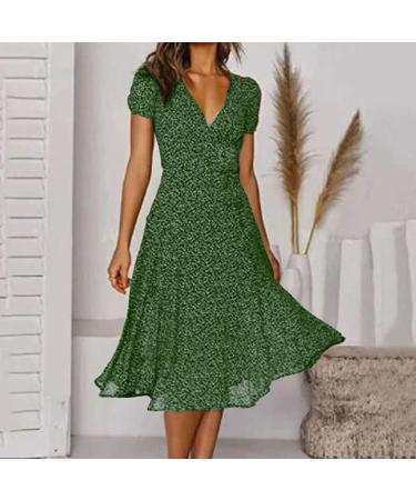 Women's Green Floral Wrap Midi Dress - Boho Summer Beach A-Line Smocked Dress - Buy Online on GoSupps.com