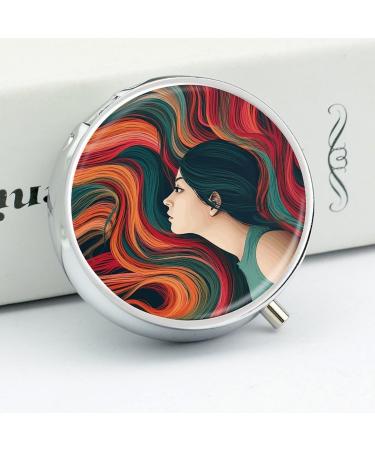 Stylish Round Pill Box for Women - Colorful Hair Print 3 Compartment Metal Organizer - Portable Decorative Pill Case Style-36 - Buy Online on GoSupps.com
