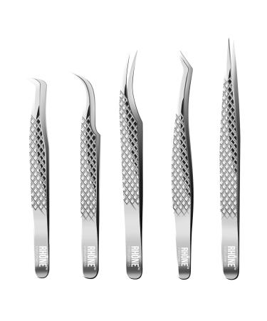 Rhône Instruments Eyelash Extension Tweezers - Curved Precision-Tip Tweezer Set with Angles - 5-Pieces Professional Eyelashes Tools For Individual and Volume Eyelash Extensions - Surgical-Grade Steel Silver/Diamond