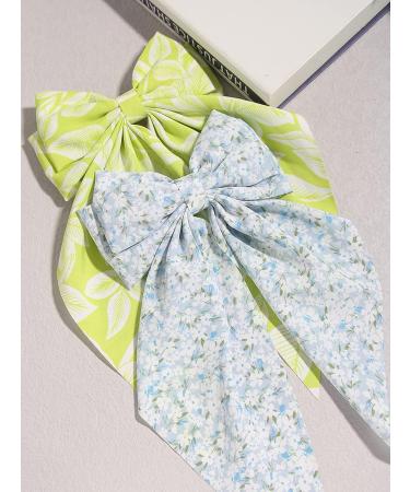 2pcs Floral Bow Hair Clips for Women & Girls with Long Tail, Blue & Green Hairpins for Thick Hair - Elegant Leaves Pattern Big Hair Clips - Buy Online on GoSupps.com