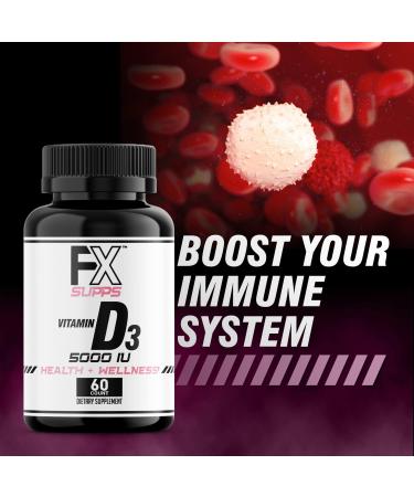 FXSUPPS Vitamin D3 5000 IU (1 Pack 60 Easy to Swallow Softgels) | Health and Wellness Dietary Supplement for Men & Women | Cholecalciferol Best for Bone Heart Health Immune System Lung Function 1 Count (Pack of 1) - Buy Online on GoSupps.com