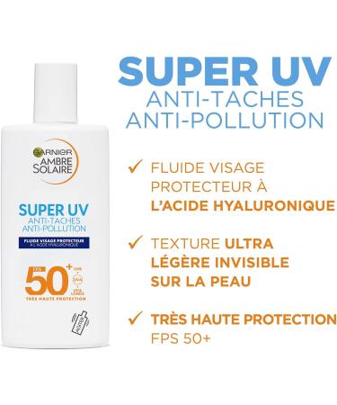 Garnier Ambre Solaire Super UV Face Fluid Skin Protector with Hyaluronic Acid SPF 50+ Anti-Stain Anti-Pollution - Buy Online on GoSupps.com