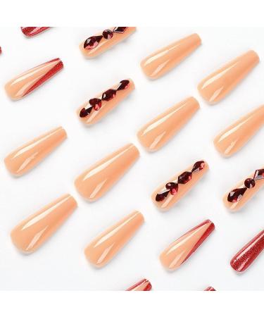 Glossy Long French Fake Nails with Red Rhinestones - Full Cover Acrylic Coffin Press-on Nails for Women - Buy Online on GoSupps.com