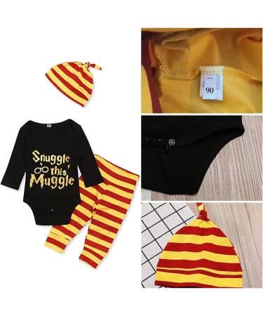 Baby Boys Girls Snuggle This Muggle Outfit Set | Black Long Sleeve Bodysuit & Striped Pants with Hat | 0-6 Months - Buy Online on GoSupps.com