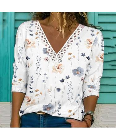 Fall Floral Printed Crochet Trim V Neck Top | Women's Casual Loose Pullover Tee Shirt | Long Sleeve - X-Large - Buy Online on GoSupps.com