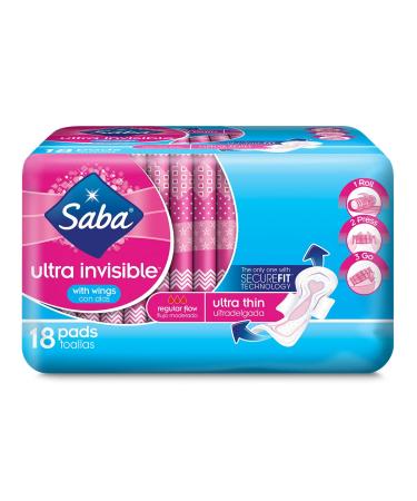 Saba Ultra Invisible Ultra Thin Pads with Wings Regular Flow - SecureFit Technology with a Different Shape Front and Back. Ultrabsorb Technology for Fast Absorption (1 Pack of 18)