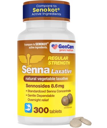 GenCare Senna Laxative 300 Tablets Senna 8.6mg Tablets with Natural Sennosides | Laxatives for Constipation Bloating Gas & Irregularity Relief. Safe & Effective | Generic for Senokot 300 Count (Pack of 1)