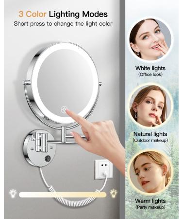 Gospire 9 Wall Mounted Lighted Makeup Vanity Mirror with 3 Color Lights, Stepless Dimming, 1X/10X Magnification, Touch Sensor, Extendable Arm - Chrome Finish - Buy Online on GoSupps.com