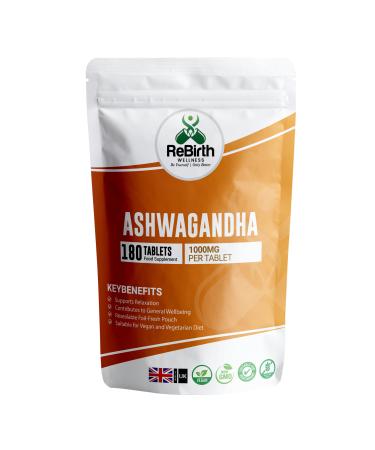 Ashwagandha 1000mg - 180 Vegan Tablets Pure High Strength Anxiety and Stress Support - Powder Ashwagandha Supplement (not Ashwagandha Capsules) - Made in The UK - Rebirth Wellness
