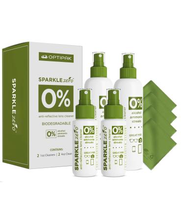 OPTIPAK Lens Cleaner Spray Kit – Eco Friendly Biodegradable Lens Cleaner with Microfiber Cloth for Eyeglasses, Lenses, Screens – Streak Free - (2) 4oz Spray bottles + (2) 1oz spray bottles + (4) microfiber cleaning cloth