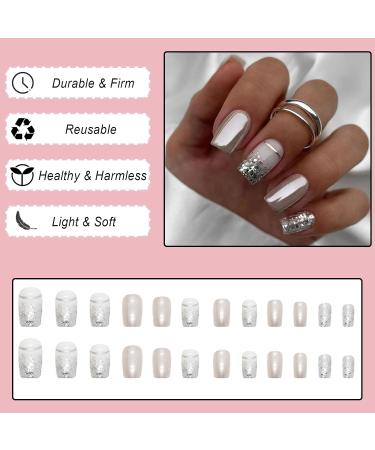 24Pcs Silver Glitter Short Square False Nails | Press On French Tips with Glue Stickers | Glossy Fake Nails for Women Girls | Nail Art Accessories - Buy Online on GoSupps.com