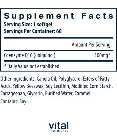 Vital Nutrients Ubiquinol CoQ10 100mg | Potent Antioxidant for Heart & Brain Health | Gluten & Dairy Free 60 Veggie Softgels | Shop Internationally - Buy Online on GoSupps.com