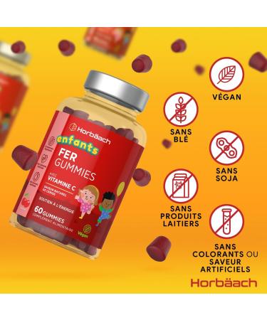 Iron Gummies Kids 7mg with Vitamin C | 60 Vegan Gummies Cherry Flavor | Iron Supplement Food Supplement | Iron Supplement + Vitamin C for Kids | by Horbaach - Buy Online on GoSupps.com