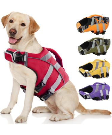 Kuoser Dog Life Jacket with Reflective Stripes, Adjustable High Visibility Dog Life Vest Ripstop Dog Lifesaver Pet Life Preserver with High Flotation Swimsuit for Small Medium and Large Dogs X-Large (Chest Girth:25.9-33.4'') Red